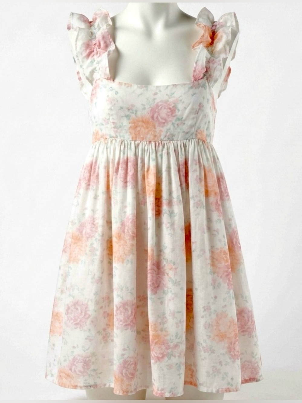 H&M Women's Pastel Pink Green Floral Flowy Ruffle Strap Tie MIni Dress S